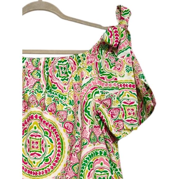 TAHARI Off the Shoulder Mini Dress Womens 12 Lined Beachy Boho Green Pink Preppy - Picture 4 of 7